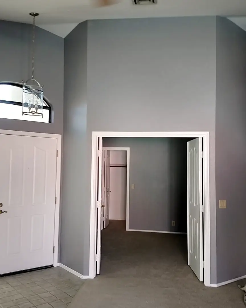 High-ceiling entry finished in dark gray with crisp white doors, trim, and a glass pendant light.