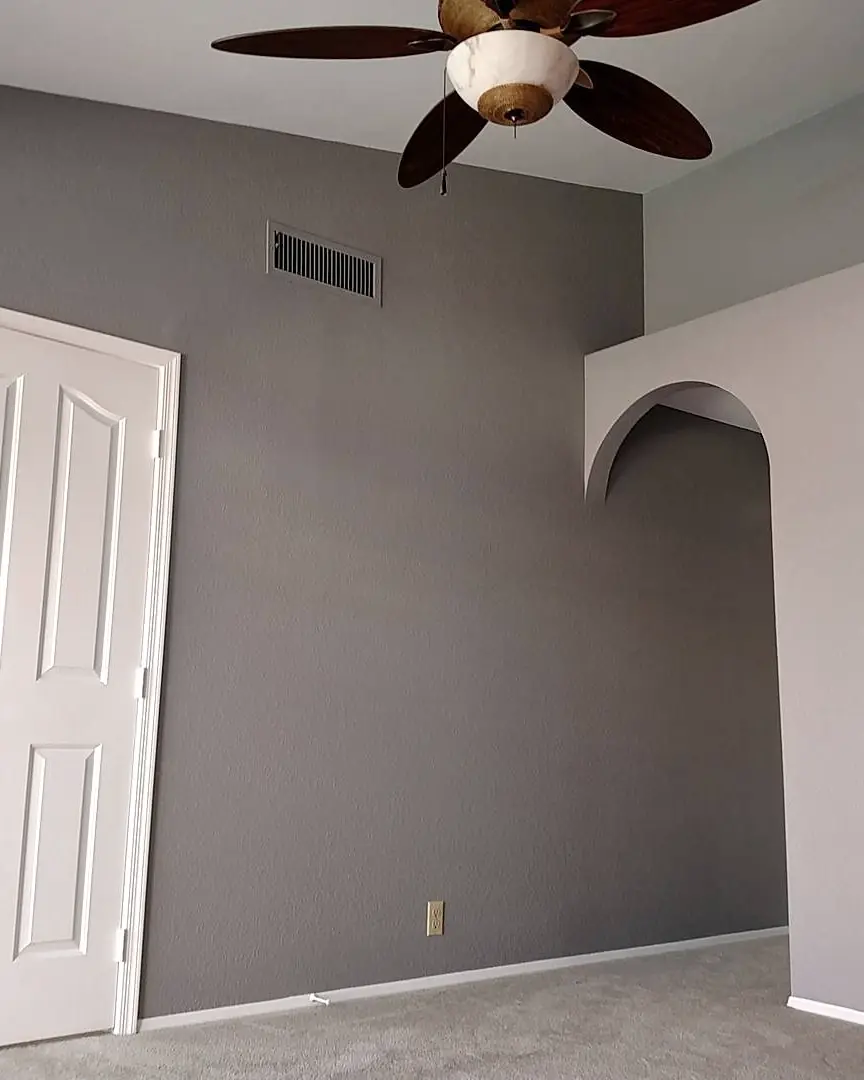 Dark gray room with a white door, pale carpet, and an arched opening beneath a vaulted ceiling.